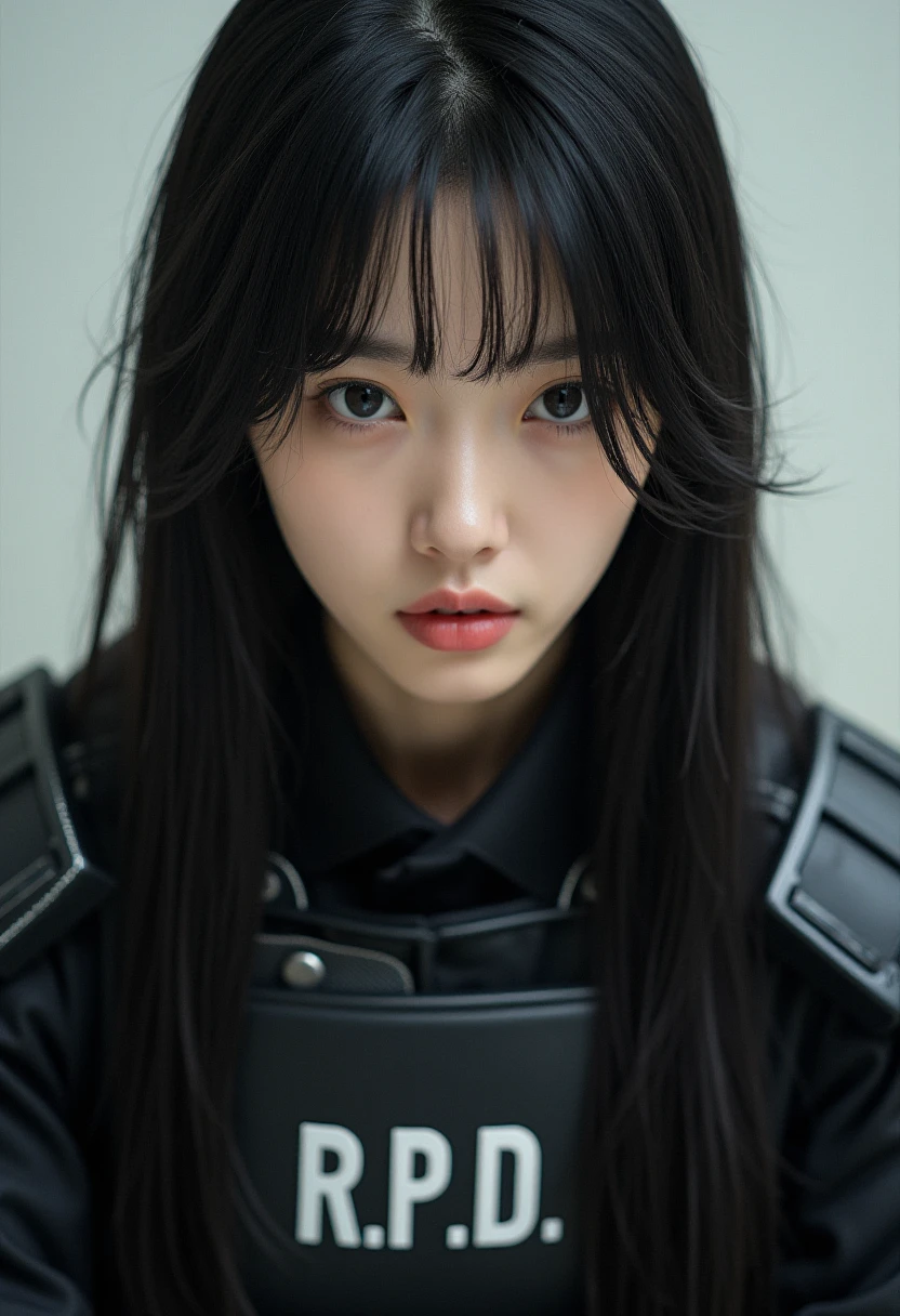 photo of a korean woman,1girl,solo,black hair,realistic,long hair,looking at viewer,upper body,lips,parted lips,collarbone,black eyes, wearing a black armor tactical vest with the text \"R.P.D\" and samurai style shoulder armor