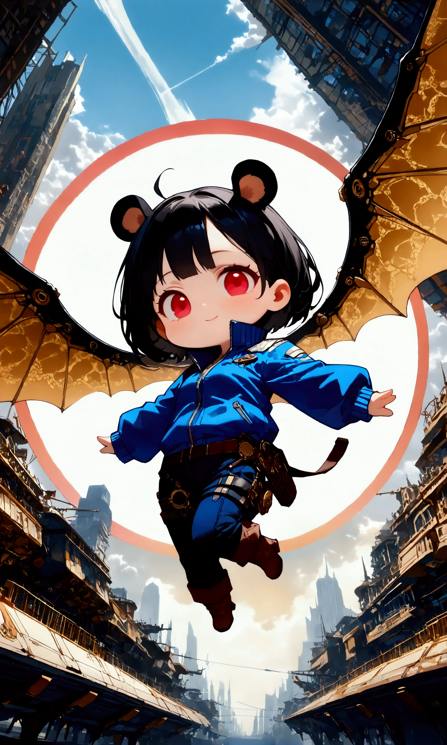 1girl\(big smile,cute,(chibi:1.4),big eyes,ruby eyes,(small fluffy Koala ears),hair\(short hair,black hair, (inner colored blue:1.4)\),(big wings\((old steam-punk:1.3) mechanical wings\):1.2), (worn-out flight jacket:1.3), jumpsuit, leather short boots, holster at legs, (dynamic action pose),(flying high in the sky:1.3)\). (dynamic angle:1.3),long shot. BREAK .background\(high altitude sky, futuristic aircrafts, futuristic towers,\). BREAK .(print text"100":1.5). BREAK .quality\(8k,wallpaper of extremely detailed CG unit, high resolution, top-quality, top-quality real texture skin, hyper realistic, increase the resolution, RAW photos, best quality, highly detailed, the wallpaper, golden ratio, high saturation realism, vibrant colors, dramatic lighting, persuasive storytelling, atmospheric scenery, captivating visuals, intricate details, strong emotions, dreamlike world\), from below