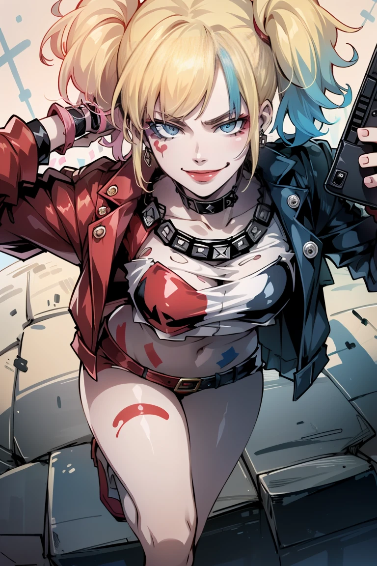  Harley Quinn from Suicide Squad, Lean body,  short hair, erotic, gun in hand, at maximum height  (Full Body 1.1.), smile with a smile, shout, sensual eyes,  foreground,  I look at the spectator, 8 mil,  high quality  ,  Detailer Eyes, elongated face, cyber-realism,  beautiful eyes, realistic,  high quality , thick, portrait,  beautiful eyes , silky hair, Lean body, hair on one side, hot lips, the eyes are the same size, young face, long legs, very  Detailer Eyes, shiny body, tattoos, pink hair,  Detailer Eyes, freckles, eyes of the same color,  pose sexy,  front to face ,  to divide,  visible navel,