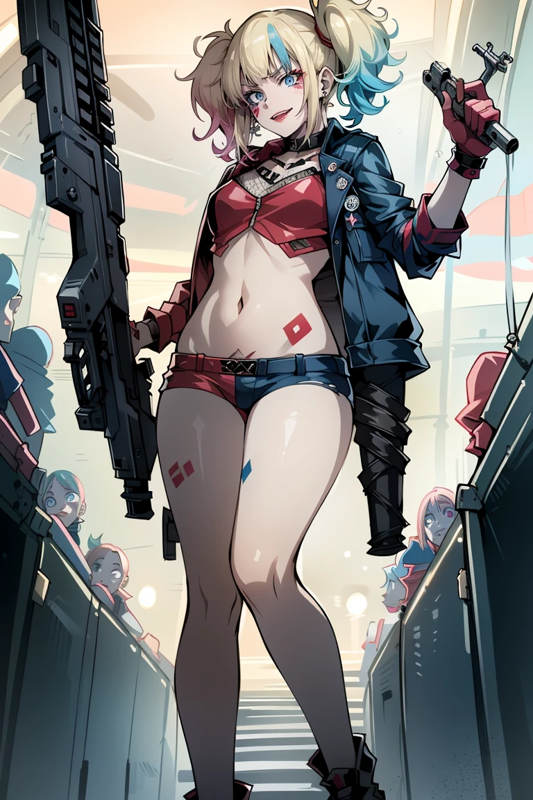  Harley Quinn from Suicide Squad, Lean body,  short hair, erotic, gun in hand, at maximum height  (Full Body 1.1.), smile with a smile, shout, sensual eyes,  foreground,  I look at the spectator, 8 mil,  high quality  ,  Detailer Eyes, elongated face, cyber-realism,  beautiful eyes, realistic,  high quality , thick, portrait,  beautiful eyes , silky hair, Lean body, hair on one side, hot lips, the eyes are the same size, young face, long legs, very  Detailer Eyes, shiny body, tattoos, pink hair,  Detailer Eyes, freckles, eyes of the same color,  pose sexy,  front to face ,  to divide,  visible navel,