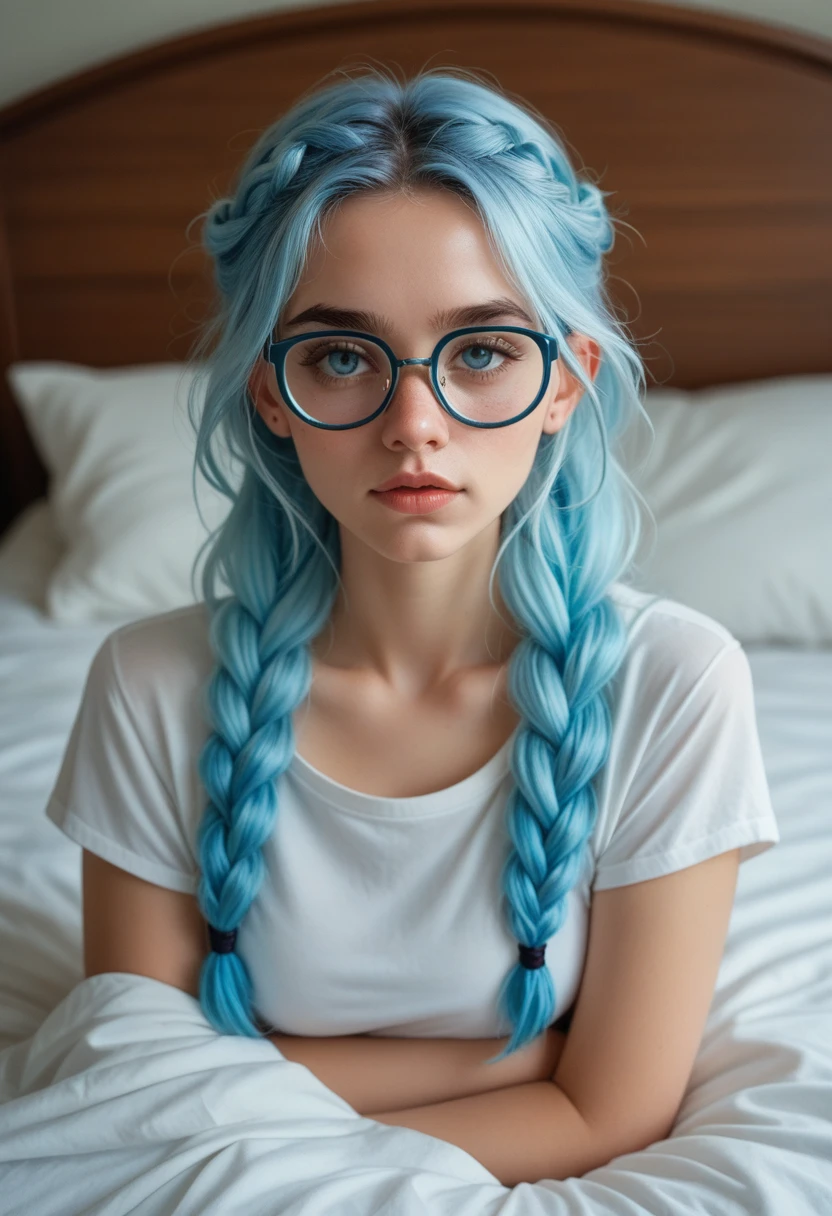 Score_9, Score_8_up, Score_7_up, ratific_explicitLportrait of a Caucasian girl with ((hair dyed light blue1.4)). bushy eyebrows, upturned nose, ((wears glasses1.4)) ((hair combed with French braids1.5)),