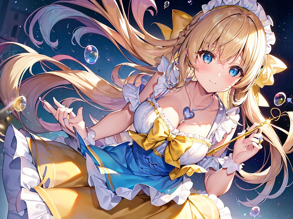 Masterpiece, Need for Good,, Magic Array, Bubbles, Rainbow Sunlight, Underwater, Mirror, Floating Glass Sheets, Rainbow Light, Bubble Swirl, Wind Vortex, Aurora, Fantasy Landscape, Starlight Around the Character, (Upper Body),(((ite girl with blonde twin tails))),青いメイド服,明るい照明,笑顔