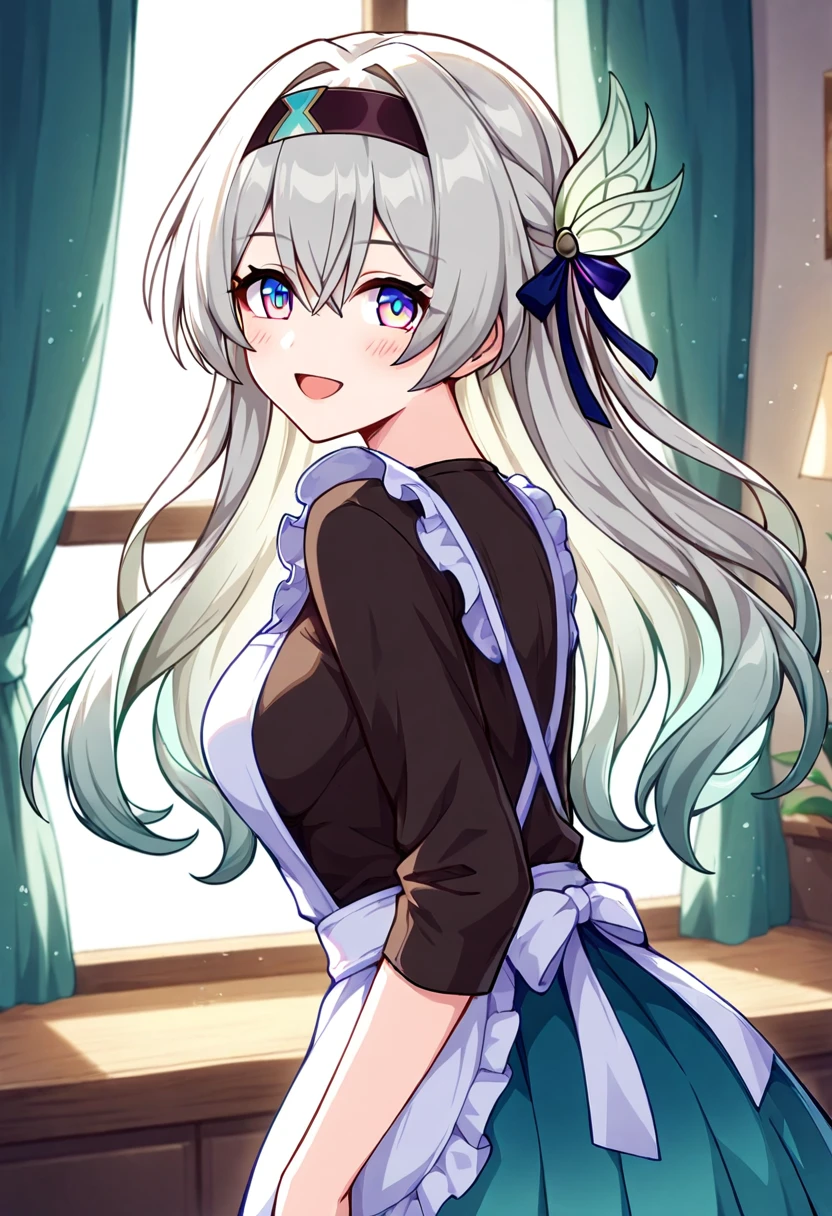 1girl, firefly,honkai star rail,solo, long hair, breasts, looking at viewer, blush, smile, open mouth, blue eyes, long sleeves, hair ornament, hair between eyes, white hair, grey hair, hair ribbon, ponytail, sidelocks, hair bow, indoors, looking back, black shirt, blue skirt, window, gradient hair, hair intakes, black hairband, curtains, white apron