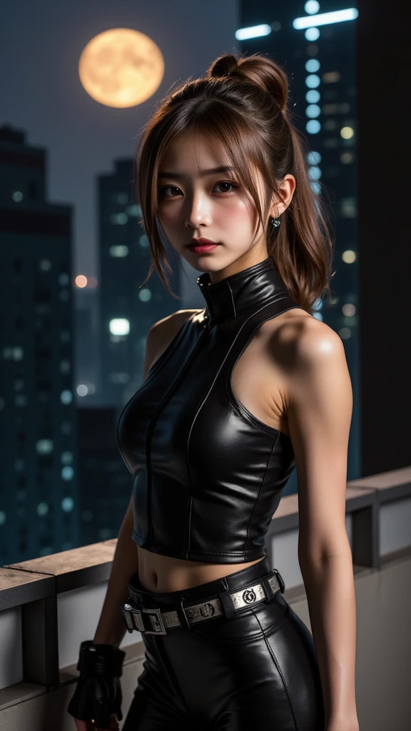  Very Beautiful Japanese Woman , Perfect composition, Proper placement, Golden Ratio, Leather crop top, Tight leather pants,  headgear ,  anatomically correct proportions  :1.331,  has a small head :1.331, Slender body:1.331,  thin waist:1.331, Thin limbs:1.331,   flat chest:1.331, I can see her belly button , Brown Hair,  wavy hair :1.21, Symmetrical eyes, very fine and clear eyes ,  Beautiful Hair Fluttering in the Wind ,  cyberpunk city at night , On the roof of a building, Supermoon, Movie Lighting, 