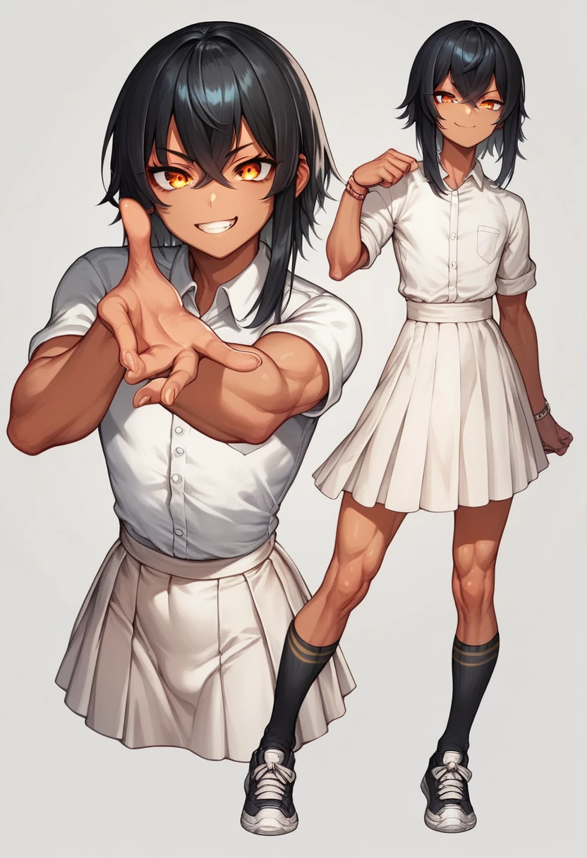 ((1 femboy)), (full body pose), ((tanned skin)), ((confident stance)), (Standing up), ((tousled hair)), (((blinding long bangs))), (smirk on face), (black hair), ((amber-colored eyes)), ((toned femboy figure)), white dress-shirt, ((Black high-waisted skirt)), ((black knee-high socks)), (sneakers), (flirty pose), face not covered by hands, no hands covering eyes, face fully visible, (blinding bangs covering eyes)