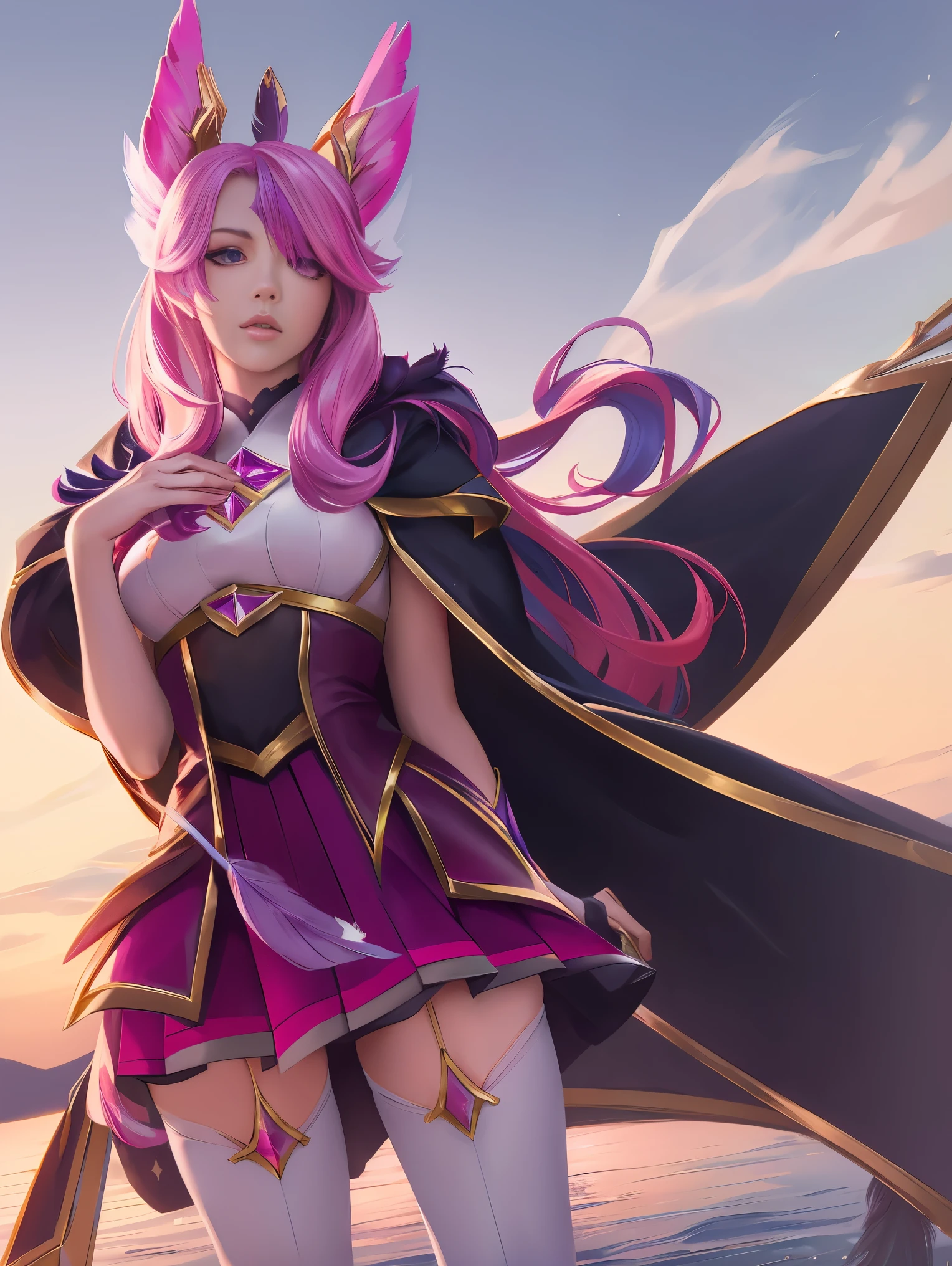 (solo, 1girl), (absurdres, ,highres, official wallpaper, poster), (masterpiece, best quality:1.2), (illustration, realistic), (perfect details, highest detailed, extreme detailed), dramatic light, starguardianxayah, (white thighhighs, fingerless gloves, hair ornament, star guardian \(league of legends\), chocker, multicolored hair, pink hair, purple hair, long hair, feather ornament, cloak), (skirt, mature female), (lake, standing)