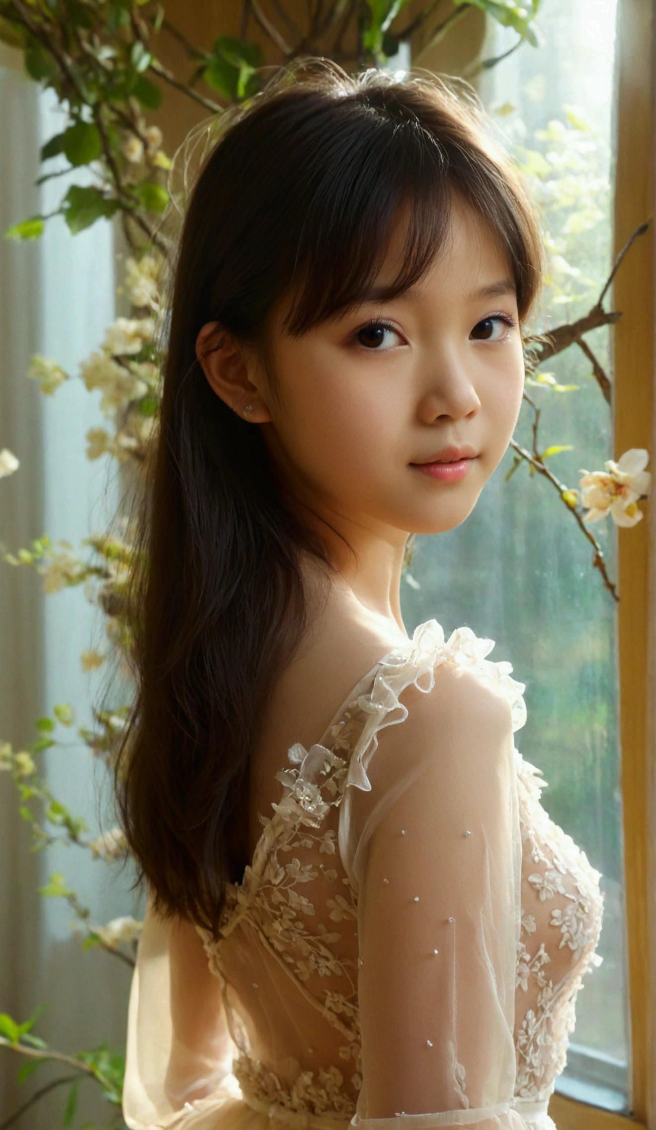 Masterpiece, UHD, 8K, most beautiful asian girl in the world, cute girl, age 9, small-budding breast, pale skin, juvpretty-girl physique, elementary_school-girl physique, charming girl, One-piece style sheer fabric dress, sheer fabric, translucent clothes, standing, from the front, act very pretty