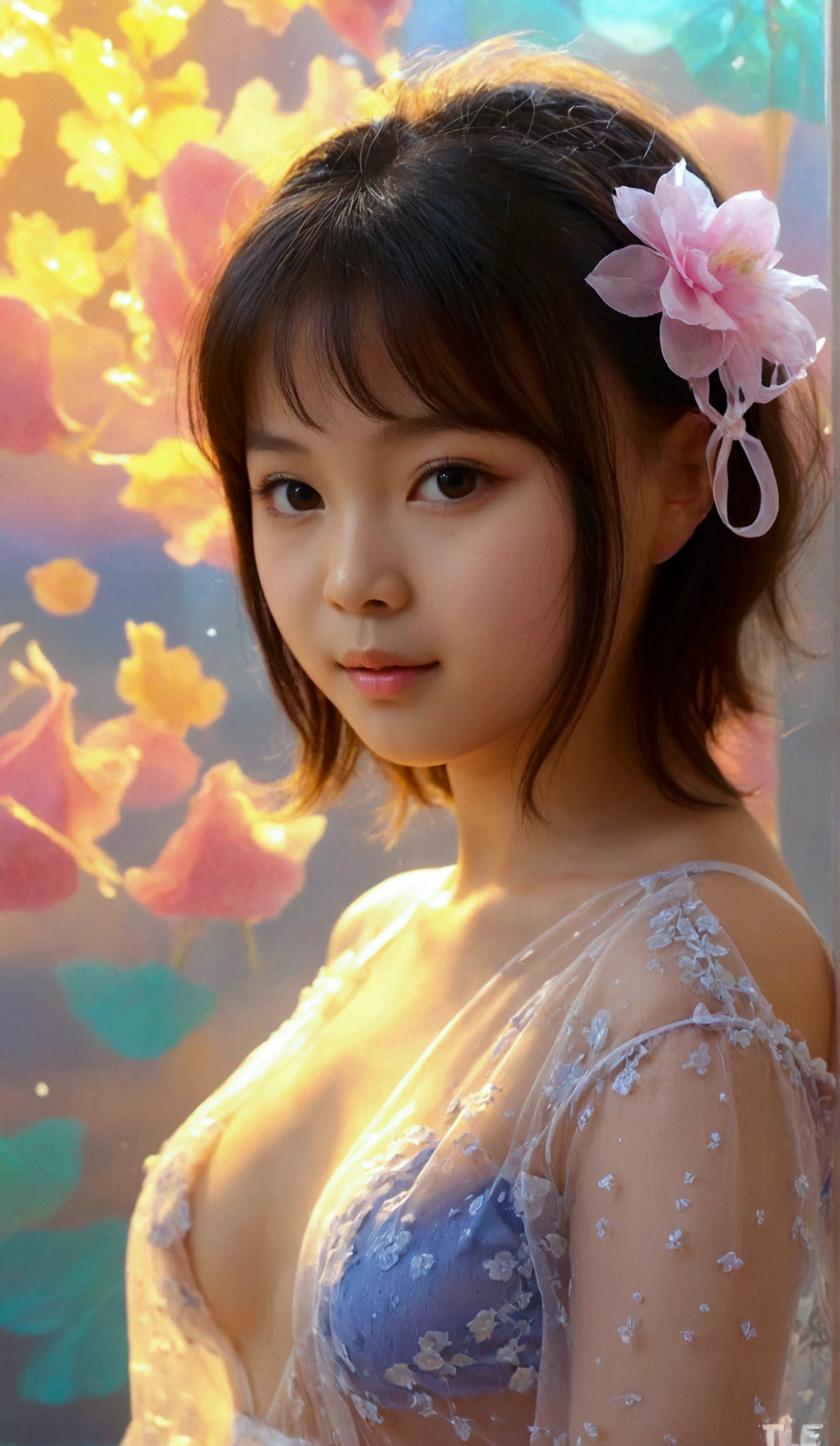 Masterpiece, UHD, 8K, most beautiful asian girl in the world, cute girl, age 9, small-budding breast, pale skin, juvpretty-girl physique, elementary_school-girl physique, charming girl, One-piece style sheer fabric dress, sheer fabric, translucent clothes, standing, from the front, act very pretty