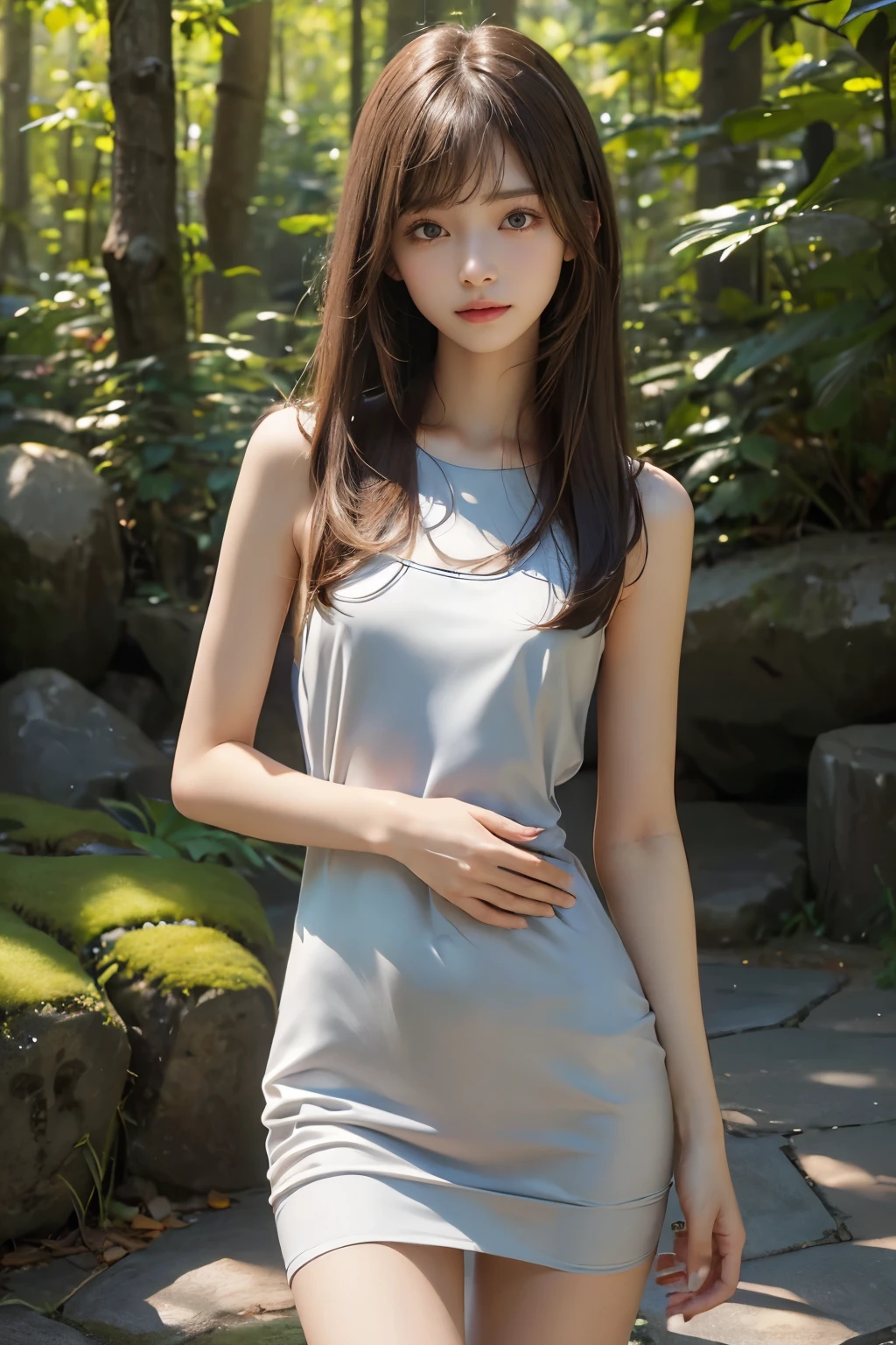 highest quality,Best quality,(photorealistic,Realistic:1.2),Masterpiece,ultra detailed,high-resolution,natural best shadow, (1 beautiful girl,slim,small breasts,feminine,medium straight hair,side bangs),(camisoledress),(perfect anatomy),happy with me,looking happy,(slender legs)