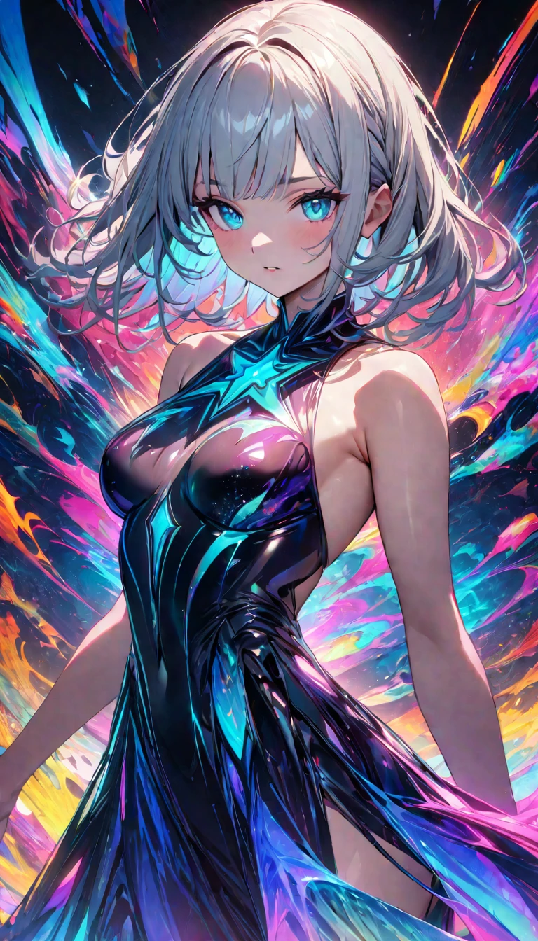 (masterpiece, Best Quality,  high definition, 8K Ultra HD),  beautiful young single girl,  COMPLETE ANATOMY,  silver blond medium hair, Bowlcut Hair, Semicircular hair, Turquoise eyes,  bioluminescent dress, colorful abstract background ,  cowboy shot,  vibrant colors,  Detailed Digital Art ,