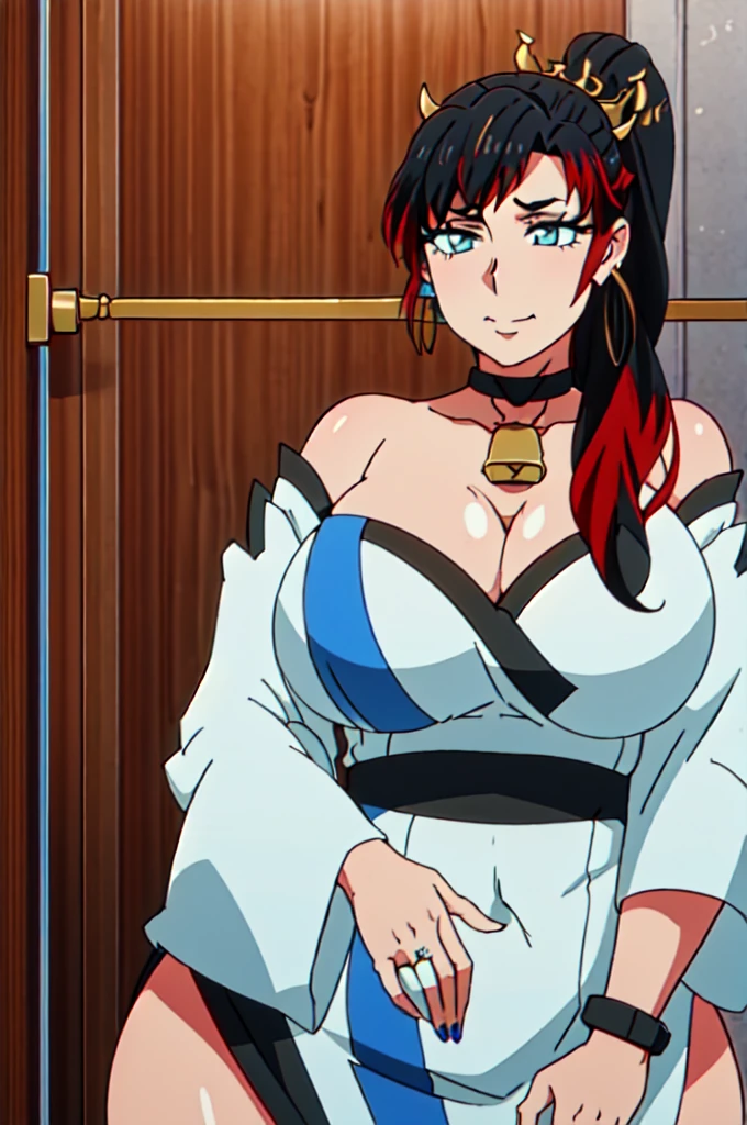 NANBU_KAGUYA,TWO-TONE HAIR,RED HAIR,BLACK HAIR, ((SUPER PONYTAIL)), 1girl, solo, upper body, facing viewer, looking at viewer, cleavage.((((vertical bar earring)))),(((Chocker with cow bell))),Cleavage,Curvy figure,Enchanted big breast,Puckered lips,Milf,light blue lips,Long blue nail,((Wedding ring)),Golden bracelet,Ox horn headband,Side burn hair,Ear visible,((light blue Eyeshadow)),Hime cut bang,Side burn hair,Curvy figure,Wide hip,Human body anatomy,light blue kimono,Thin eyebrow,Sad smile,Hoopa earring,Wedding ring,long blue nail,thin eyebrow,Hime cut blunt bang hair