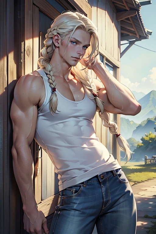 ( High quality , Masterpiece,sexy pictures,nude pictures ,Highly detailed)young man,Golden hair, long, straight to the neck, blue eyes, Bouncing figure, Naked body, A very large male penis was revealed, extending to the entire chest. A plump penis the size of an arm., have a tattoo