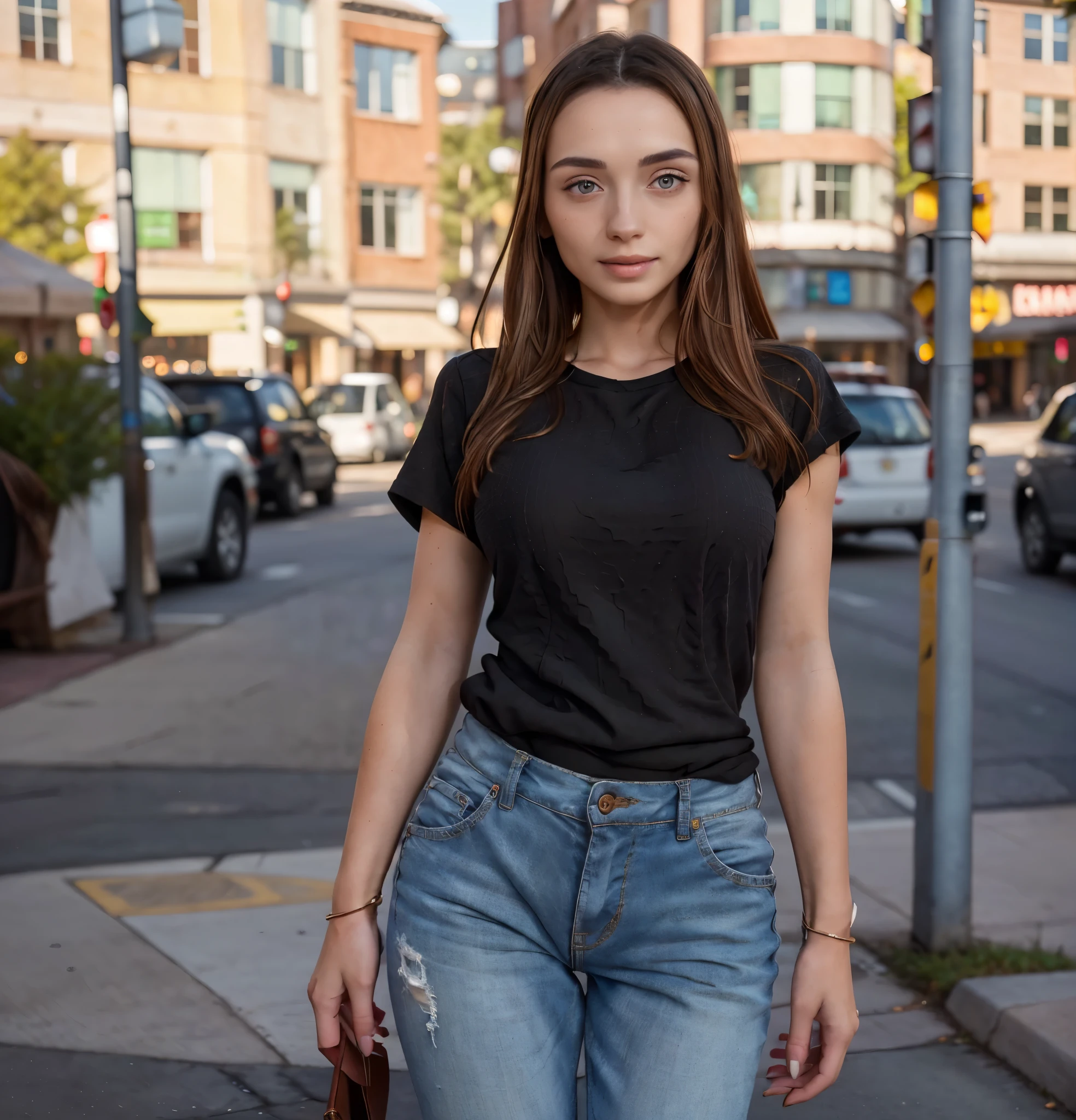 RAW photo, (a portrait photo of a woman: 1.2), ((in the city: 1.1)), (highly detailed skin: 1.2), detailed eyes, best quality lighting, beautiful. black formal shirt, pants, model legs, (high class: 1.1) (photorealistic: 1.4), (realistic: 1.3), (best quality real textured skin: 1.4), eyes with fine details, good quality of eyes. . , (increase beauty skin texture: 1.1) standing, 29 years old, pleasure: 1.3), real clothes, high resolution, cute pose