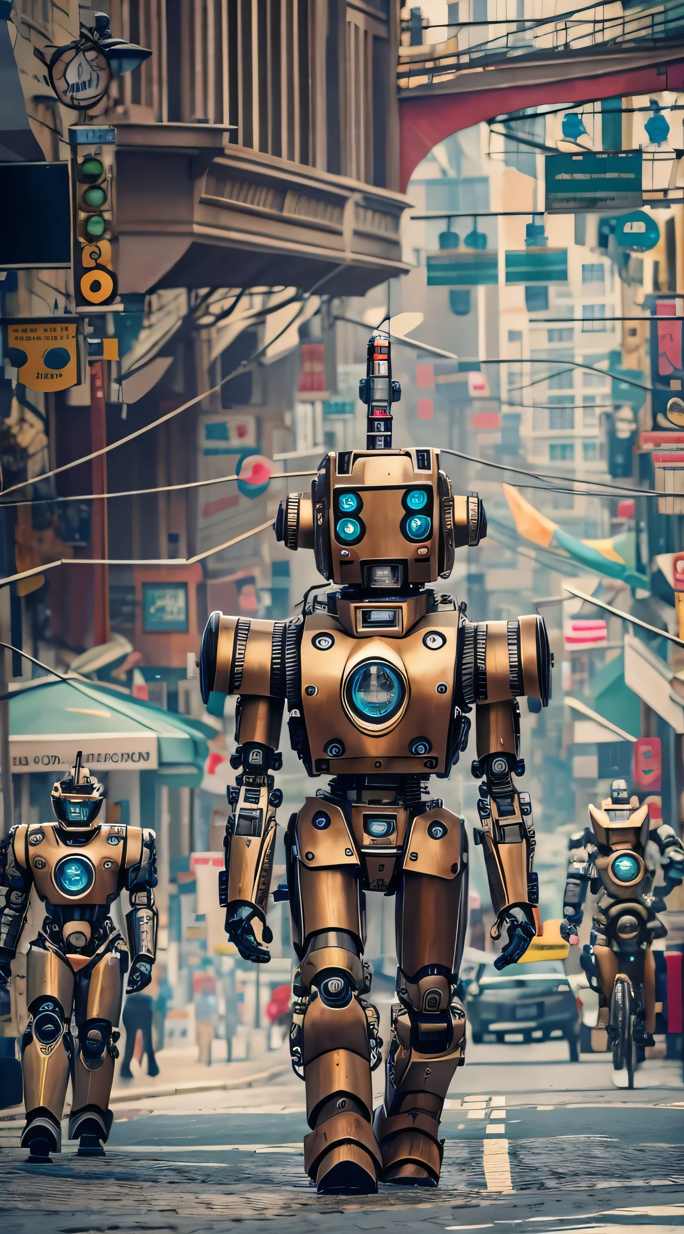 In this photo, there are many robots walking down the street.。, Eve Ventreux,  movie stills, Smogpunk, Robot Army, Trending at 500px, Inspired by Mirabello Cover, Steampunk Bike, Trending on artstattion, Ryan Burger,  Widescreen , Inspired by Tadeusz Pruszkowski  