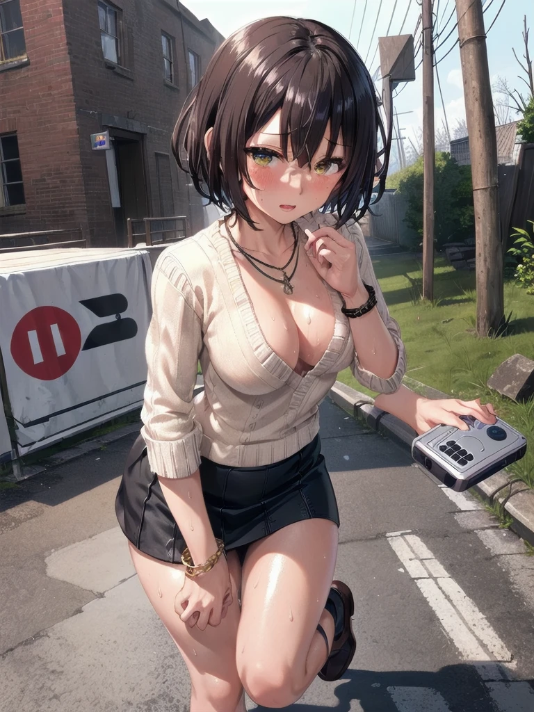   bob cut  ,  Mature Woman,medium breasts,Transparent nipples,Big Breasts,  open your chest wide  , ,(   MINI SKIRT LENGTH  :1.3),  knee-high socks for viewers, (ragged knit dress),No pants,( Sweaty , shiny skin:1.1), (Ruins:1.2),   outdoor  ,sunlight, Spotlight effect,Dark Skies,Strong winds,(  high definition,   high quality:1.1),   Intricate Details  ,     cinematic writing ,   1 girl,(, Because she's embarrassed ),(  necklace  ,   bracelet),(Remoteプレイ:1.2), (Remote_vibration:1.2), (( hand:1.3))、 dynamic poses 