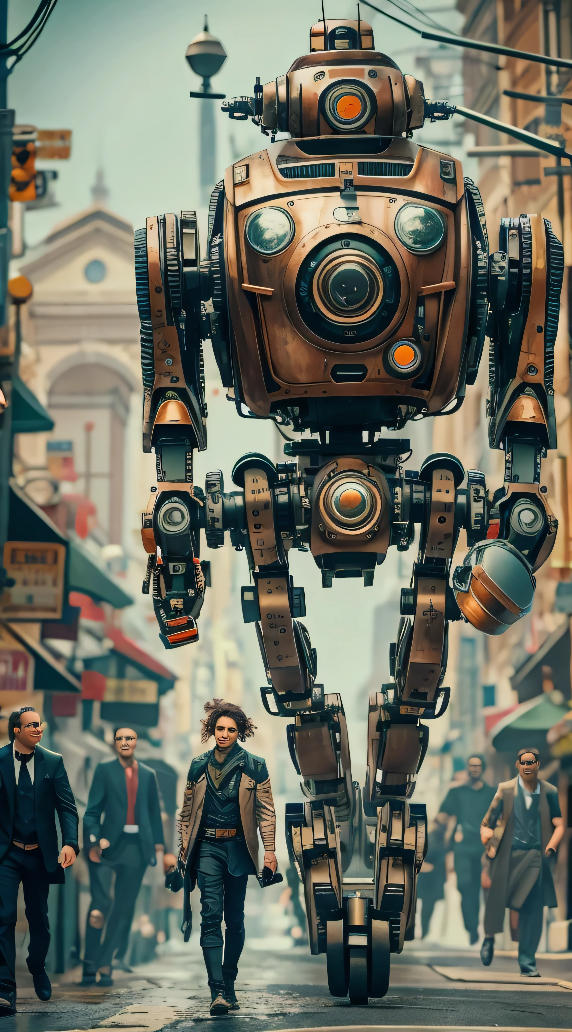 In this photo, there are many robots walking down the street.。, Eve Ventreux,  movie stills, Smogpunk, Robot Army, Trending at 500px, Inspired by Mirabello Cover, Steampunk Bike, Trending on artstattion, Ryan Burger,  Widescreen , Inspired by Tadeusz Pruszkowski  