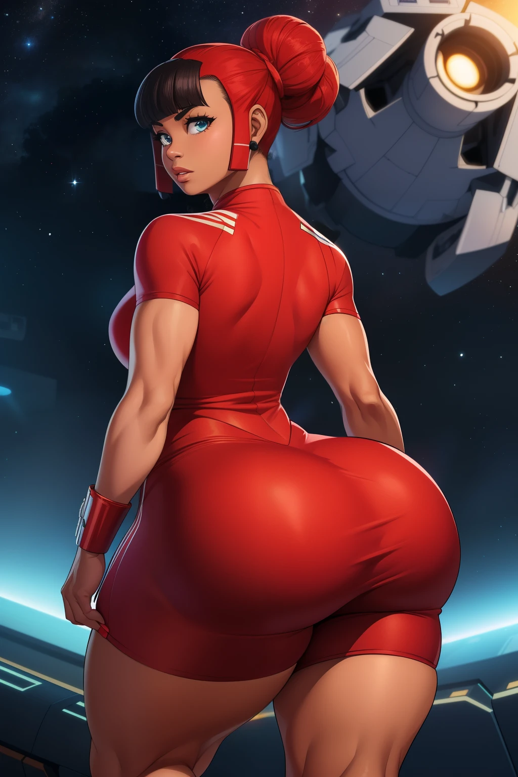 1girl, (((Twi'lek babe with gigantic tits))), busty, masterpiece, best quality, high-definition, ((red skin), twi'lek), stretching, evil space knight, space ninja, (wearing tight black sports bra, gym shorts, ((busty)), slender body, thin, slim sexy body, slim waist, short gloves, ((((((huge breasts, round breasts))), big ass, tight butt, round bum)))), futuristic gym,, Star Wars, muscle mommy
