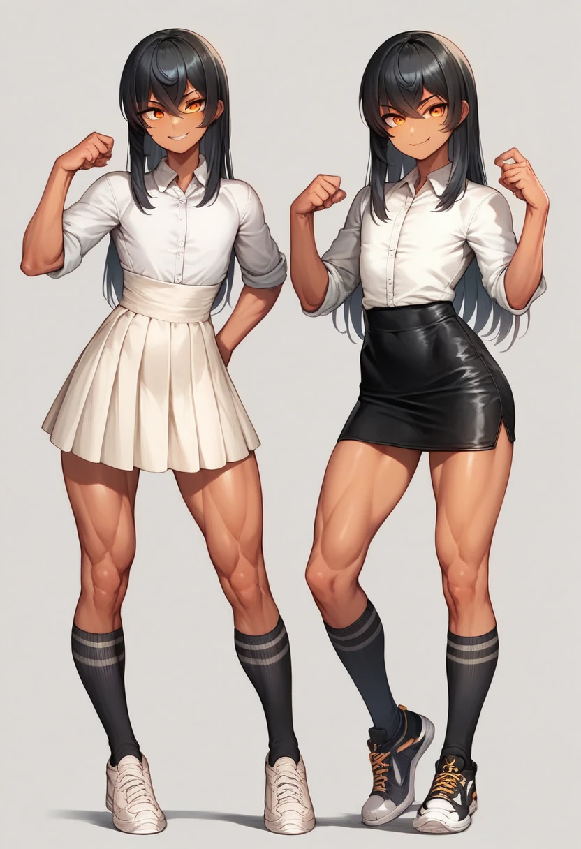 ((1 femboy)), (full body pose), ((tanned skin)), ((confident stance)), (Standing up), ((tousled hair)), (((blinding long bangs))), (smirk on face), (black hair), ((amber-colored eyes)), ((toned femboy figure)), white dress-shirt, ((Black high-waisted skirt)), ((black knee-high socks)), (sneakers), (flirty pose), face not covered by hands, no hands covering eyes, face fully visible, ((blinding bangs covering eyes)).