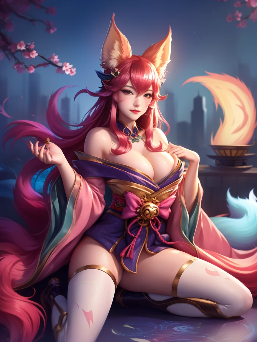 1girl,long hair, bell, bare shoulders, cleavage, fox ears, hair beel,hair ornament, japanese clothes, kimono,tail,fox tail, facial hair, (whisker marking:1.1),cityscape, night, legwear,  bowtie, looking at viewer