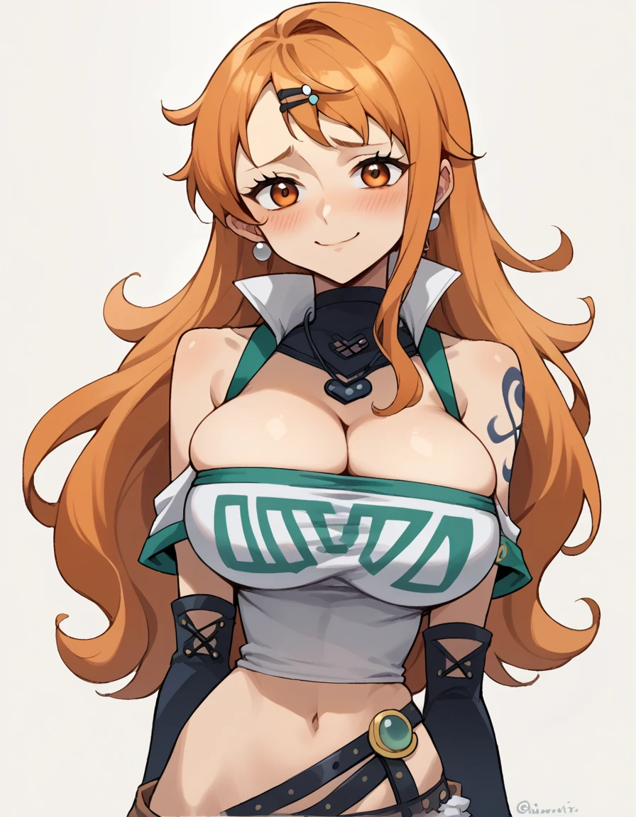 score_9, score_8_up, score_7_up, source_anime, best quality, 1girl, solo, nami, orange hair, long hair, orange eyes, , cleavage, skindentation, smile, embarrassed, blushing, naughty smile, looking at viewer, round breasts, midriff,  tube top, breasts together, walking, blank background