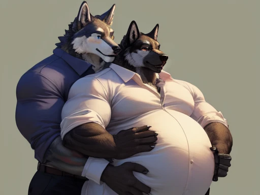 Obese, Chubby , male , furry, fluffy, salivating , wet,  kissing , Hug , climaxing face , clothes, wet clothes, sexual, wolf, fat, big ass, fat butt, obese fat belly, big belly, obese belly.
(Extremely Romantic atmosphere, masterpiece) , open work attire, white shirt, black tie, open shirt, big belly exposed, very fat belly exposed, belly to belly, sweating, break room, dark, night time, no light, belly to belly, very obese, very fat, very huge fat belly, duo anthro obese wolf.