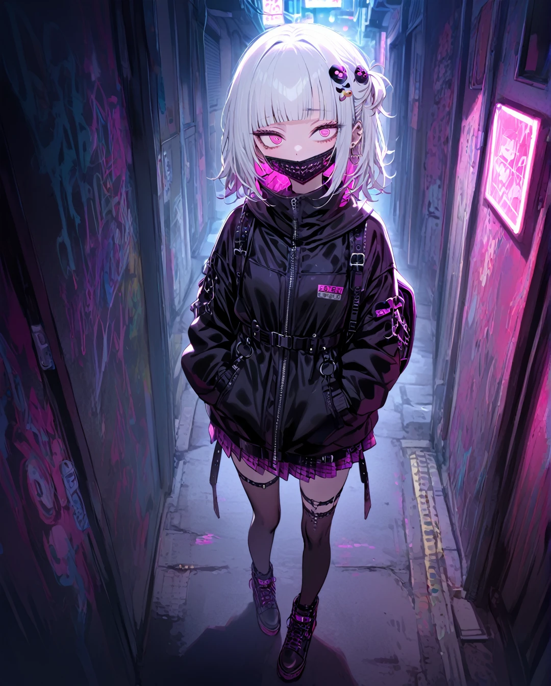 1girl,solo,full body,looking away,expressionless,looking away,goth punk fashion,masks,Mouth mask,white hair,middle hair,messy hair,Forehead,Blunt bangs,mesugaki,pink eyes,half-closed eyes,(crazy eyes),small breasts,hair ornament,pink backpack,bright colors,8 k,complex details,maximum quality,Dull dark graffiti outline,beautiful skin,Walking in Harajuku,(during night),Neon light,neme:yuka