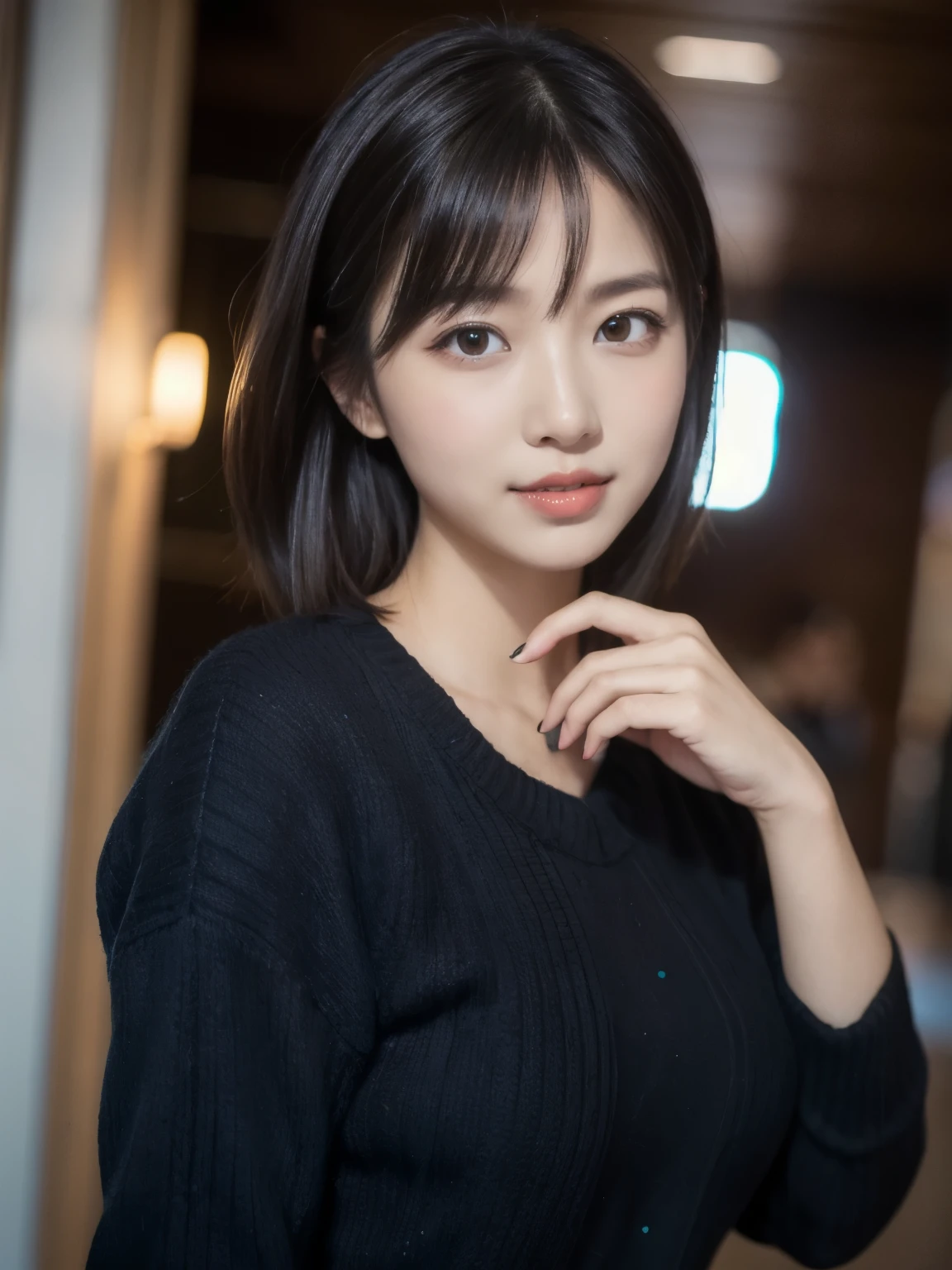 (masutepiece, Best Quality, Illustration, Ultra-detailed, finely detail, high resolution, 8K Wallpaper, Perfect dynamic composition, Beautiful detailed eyes, Women's Fashion,bob hair,Very short hair,Small bosom, natural color lip, Bold sexy poses,Smile,Harajuku、20 years girl、Cute、Sexy shot looking at camera, dimples, sophie 🎩)