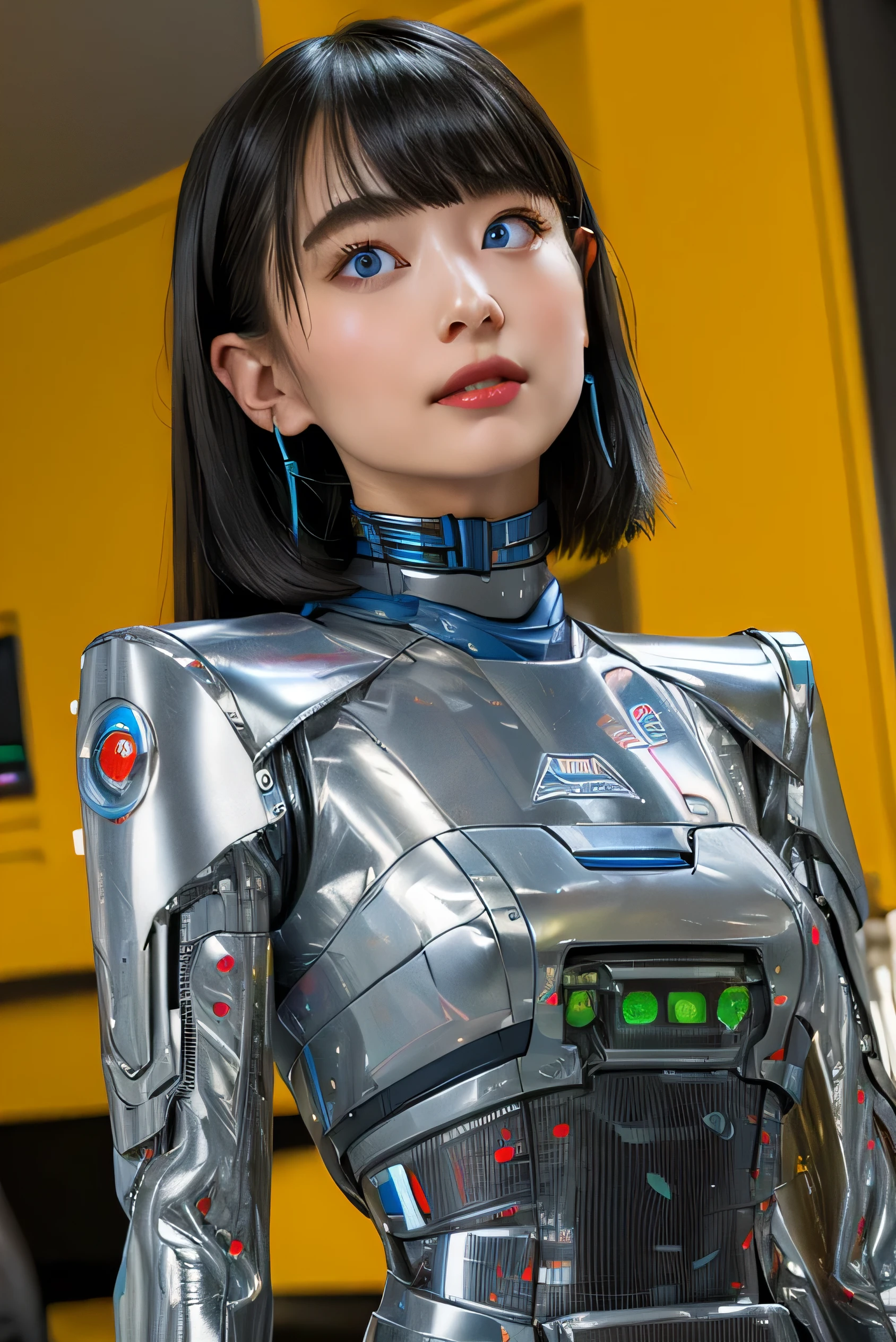 masterpiece, best quality, extremely detailed,  Japaese android girl,Plump , control panels,android,Droid,Mechanical Hand, Robot arms and legs, Black Robot Parts,Black hair,Mechanical body,Blunt bangs,White robotics parts,perfect robot girl,future information counter,reception,long tube,thick cable connected her neck,ceramic body ,mechanical body,mechanical costume,android,robot,humanoid,cyborg,information office,japanese android receptionist ,mechanical chest,blue eyes,office-lady