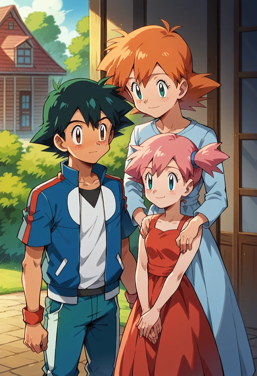 1boy, ash ketchum, black hair, brown eyes, hair between eyes, ash ketchum, sweater, pants, handsome boy, macho, good looking boy, father 1girl, misty pokemon, orange hair, green eyes, dress, pretty, beautiful girl, mother 1girl, pink hair, blue eyes, dress, cute , daughter photograph of a family, in a house, they're showing off their love and affection for each other, 3people, 1boy, 2girls