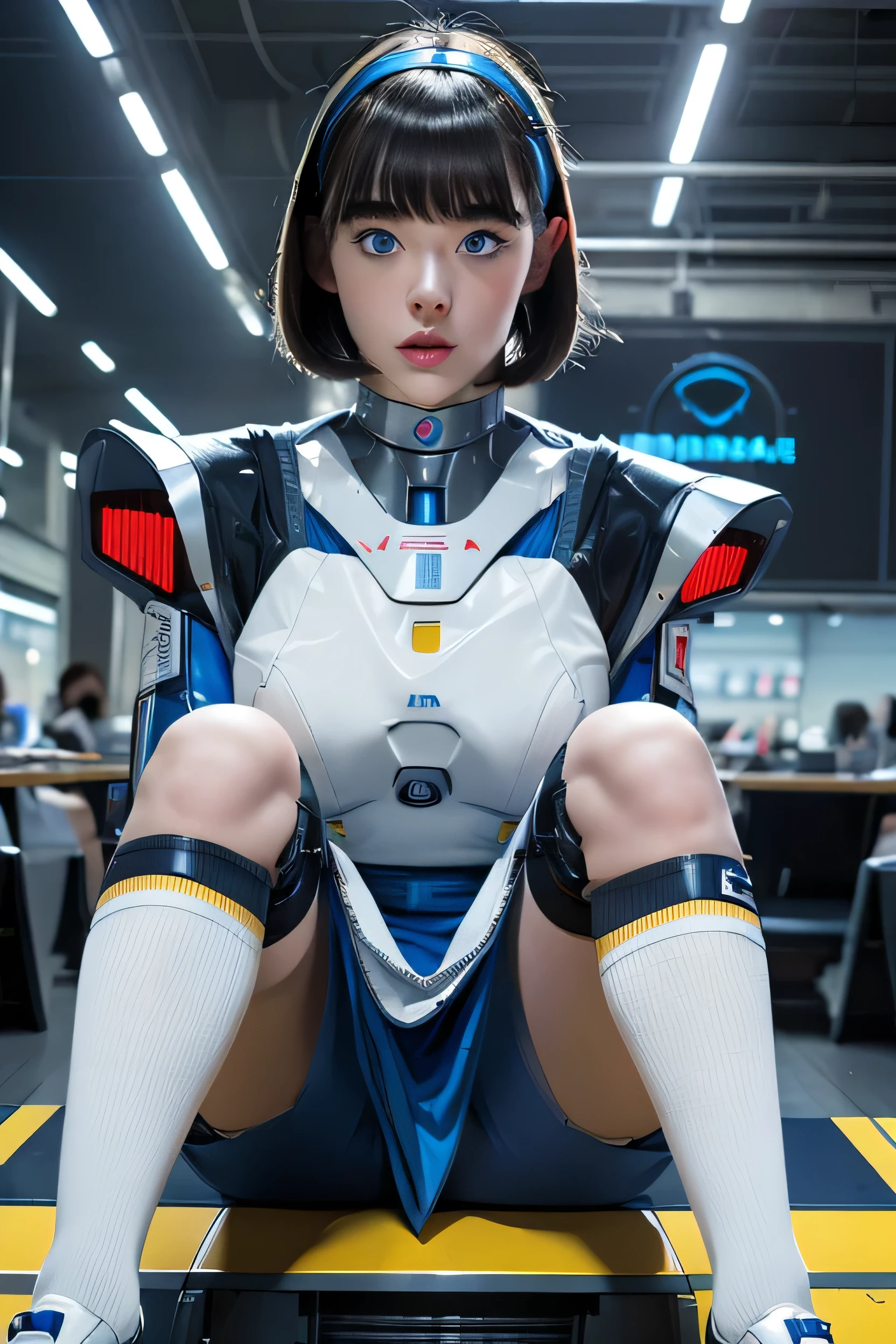 masterpiece, best quality, extremely detailed,8k portrait, Japanese android girl,Plump ,control panels,robot arms,robot,android,cyborg,white robot body,blunt bangs,robot repair plant,black knee high socks,blue eyes