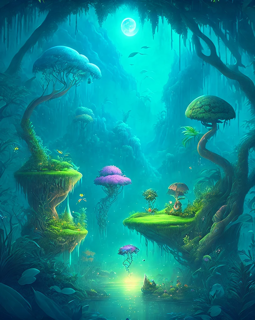  Charming dreamlike jungle in the moonlight ,  A huge floating island covered in dense vegetation, cascadas,dense trees，Strange and cute trees ，  and illuminated creatures that rise in the night  , digital artwork