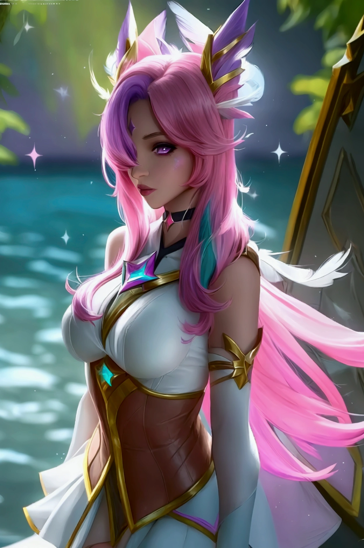 (solo, 1girl), (absurdres, ,highres, official wallpaper, poster), (masterpiece, best quality:1.2), (illustration, realistic), (perfect details, highest detailed, extreme detailed), dramatic light, starguardianxayah, (white thighhighs, fingerless gloves, hair ornament, star guardian \(league of legends\), chocker, multicolored hair, pink hair, purple hair, long hair, feather ornament, cloak), (skirt, mature female), (lake, standing)