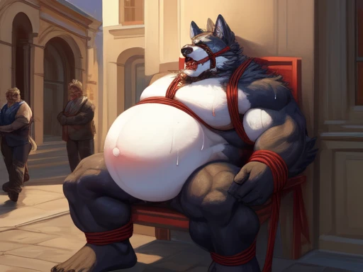 a macro muscular donkey daddy is extremely aroused by his massive hyper genitals, nsfw, masterpiece, by darkgem, precum, daddy,