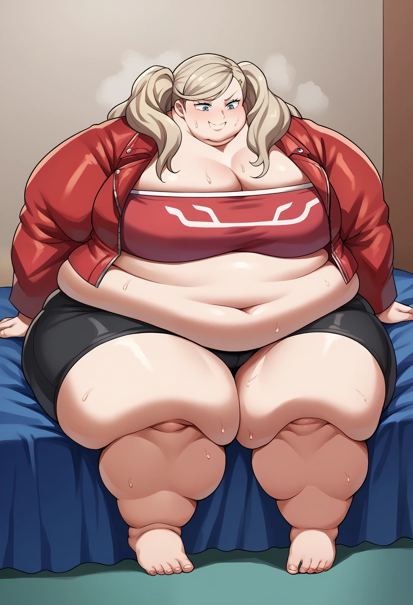 score_9, score_8_up, score_7_up, source_anime BREAK 1girl, takamaki ann, ganryu, tube top, red jacket, black bike shorts, bedroom, smile, sitting on top of someone, sweating, growing fatter, fat, chubby, obese, full body shot, gigantic arms and legs