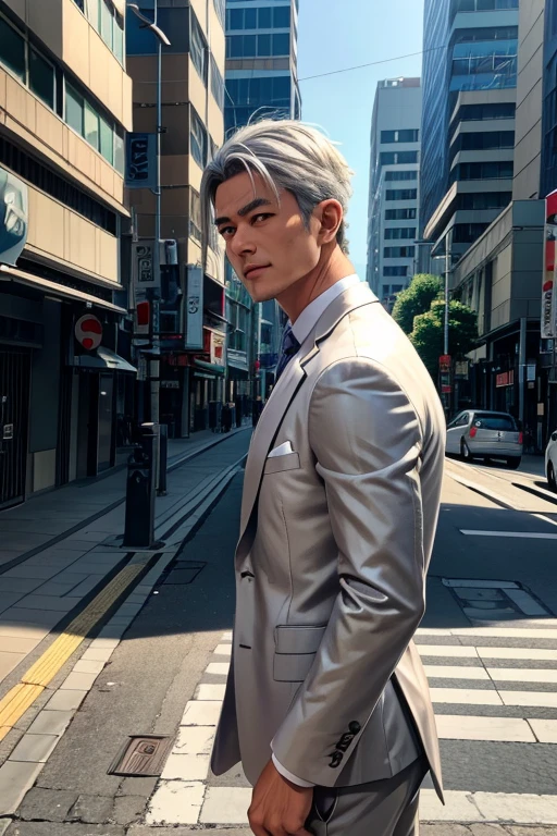 male,(((中年male))),40 years old,Yakuza、 short hair,Gray Hair,Look Down, sleepy look after intercourse,Bad look,Three white eyes, Light Shines In , light that increases volume ,Standing posture, upper body, face up, focus on faces,From the side,Outdoor, gray suit ,Smoking a cigarette, lean against guardrails,On the road,Lexus、car,Shinjuku Bustling Street, fluttering birds don't flap their wings ,矢代 high definition, solo, smile,  anatomically correct, accurate,  high definition, masterpiece, 最 high quality, Damaged,  detail,  high quality,  very detailed,  textured skin around the chest,  shortcuts , Silver Hair,  shiny hair,  Dutch Angle , Overlooking,  Blurred Background , solo, solo, 