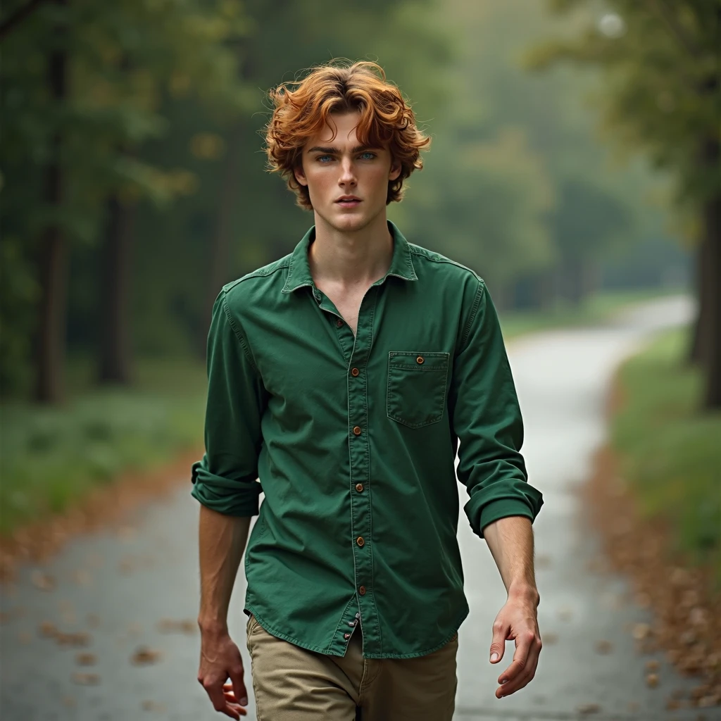 (best quality,4k,8k,highres,masterpiece:1.2),ultra-detailed, 1Man, Irish god Aengus Óg as a college student, dark auburn hair, green button up shirt, casual pants,, HDR, 8k, absurdres, cinestill 800, sharp focus, ((no background)), ((full body)), facing left, walking to the left, left foot forward, full body, legs showing
