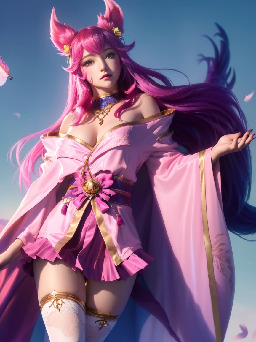 (solo, 1girl), (absurdres, ,highres, official wallpaper, poster), (masterpiece, best quality:1.2), (illustration, realistic), (perfect details, highest detailed, extreme detailed), dramatic light, starguardianxayah, (white thighhighs, fingerless gloves, hair ornament, star guardian \(league of legends\), chocker, multicolored hair, pink hair, purple hair, long hair, feather ornament, cloak), (skirt, mature female), (lake, standing)