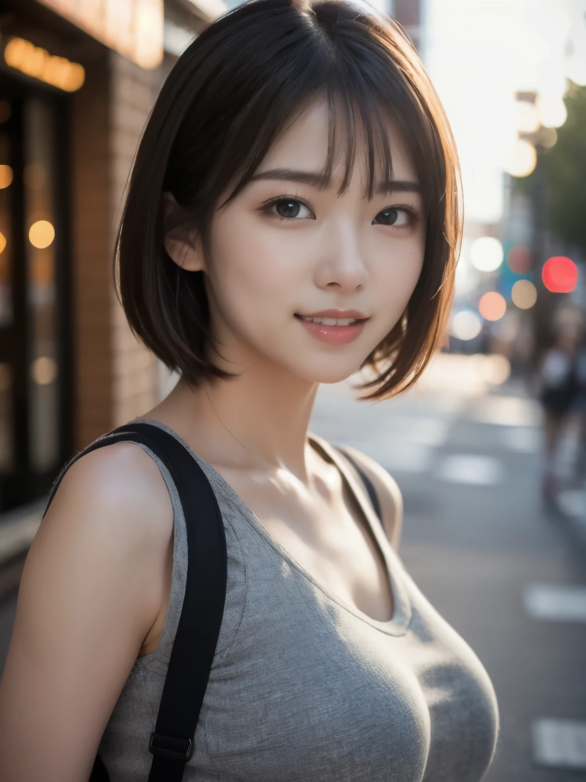 8k、Best Quality、Ultra Wide Angle Monofocal Lens 、(Representative Works:1.2)、( real)、( real:1.37)、One high school girl、Beautiful teeth alignment、Well-formed fingers、 very short hair、Around town、( cute plain clothes)、Big Breasts、 perfect body by Pubis、Gravure photoshoot、Perfect Fingers、Beautiful Skin、Professional Lighting、Face and skin detail、Microparticles、 RAW Photos