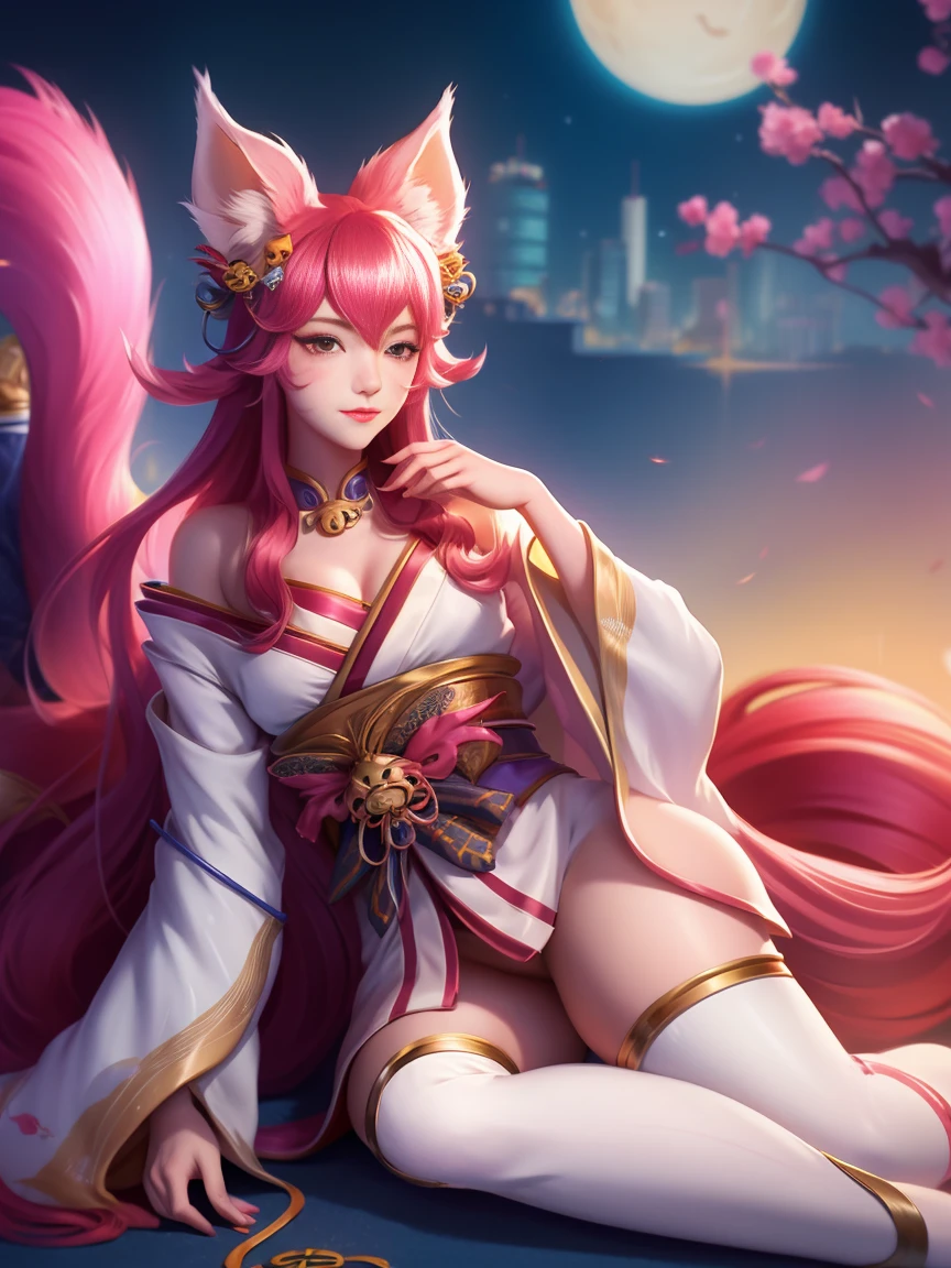 1girl, long hair, bell, fox ears, hair beel, hair ornament, japanese clothes, kimono, tail, fox tail, facial hair, (whisker marking:1.1), cityscape, night, legwear, bowtie, looking at viewer