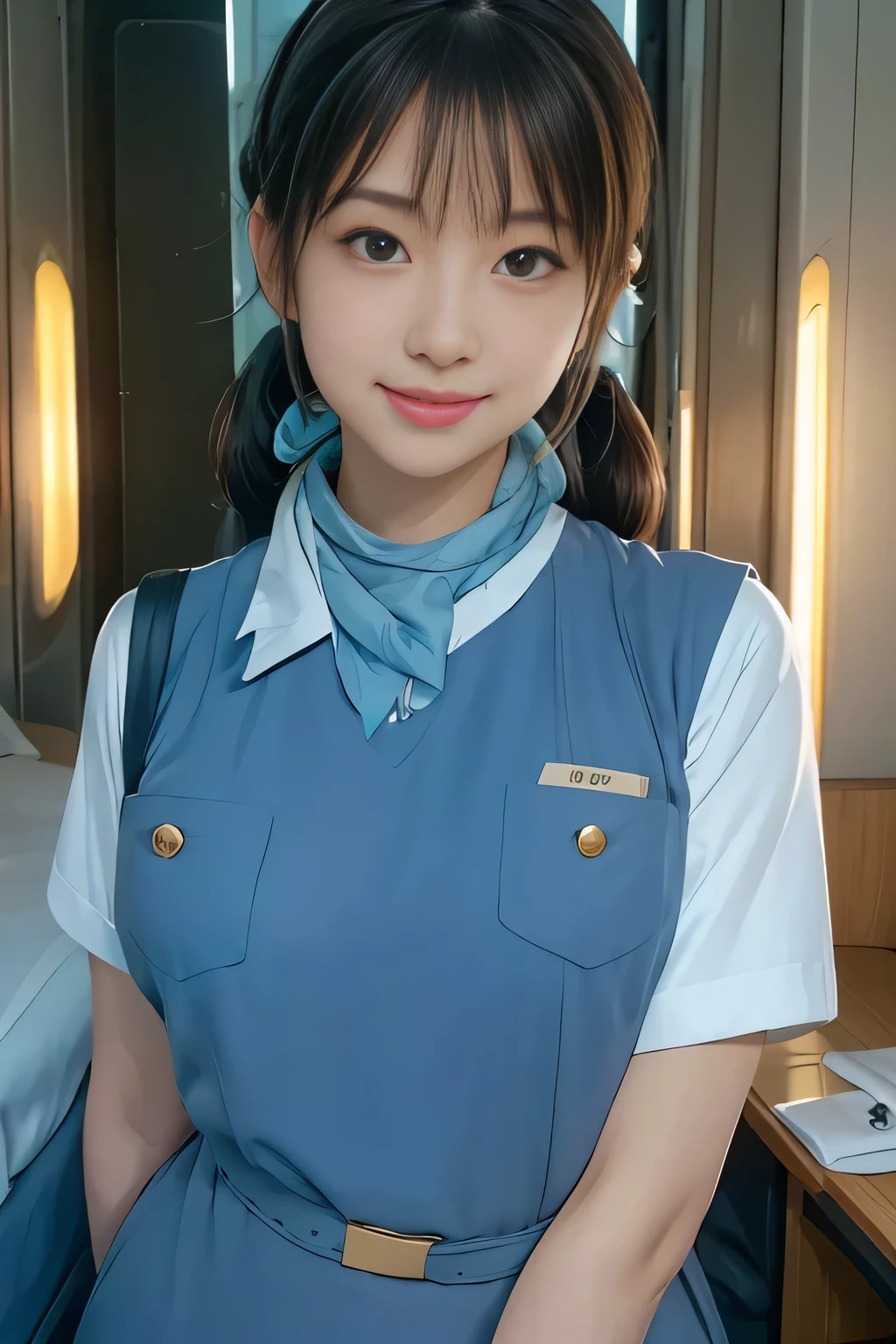 (masterpiece:1.2, Best Quality:1.2), 32kHDR,  high definition, (Alone、 1 girl)、（Rooftop of a building during the day、 Professional Lighting ）、Building rooftop background、（ Realistic Style Japan Air System Flight Attendant Uniform Blue ）、（（Japan Airlines System Flight Attendant Uniform Blue Jumper Skirt with Pockets and Buttons on Both Sides of Chest、 white short sleeve blouse  、 Light Blue Vest with Waist 、Scarf around the neck））、Dark brown hair、（Long Hair、Hair tied up、Hair tied up）、Dark brown hair、Long Hit、Big Breasts、Thin legs、（（Great hands：2.0）），（（ Harmonious Body Proportions ：1.5）），（（Normal limbs：2.0）），（（Usually refers to：2.0）），（（ Delicate Eyes ：2.0）），（（Normal eyes：2.0））)、smile、（Japan air system cabincrew uniform blueを見せた美しい立ち姿）、Hands crossed underneath 