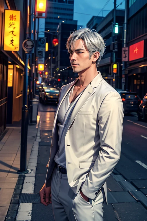 male,(((中年male))),40 years old,Yakuza、 short hair,Gray Hair,Look Down, sleepy look after intercourse,Bad look,Three white eyes, Light Shines In , light that increases volume ,Standing posture, upper body, face up, focus on faces,From the side,Outdoor, gray suit ,Smoking a cigarette, lean against guardrails,On the road,Lexus、car,( Shinjuku downtown at night 1：4),(( fluttering birds don't flap their wings ))(,Yashiro ) high definition, solo, smile,  anatomically correct, accurate,  high definition, masterpiece, 最 high quality, Damaged,  detail,  high quality,  very detailed,  textured skin around the chest,  shortcuts , Silver Hair,  shiny hair,  Dutch Angle , Overlooking,  Blurred Background , solo, solo, 