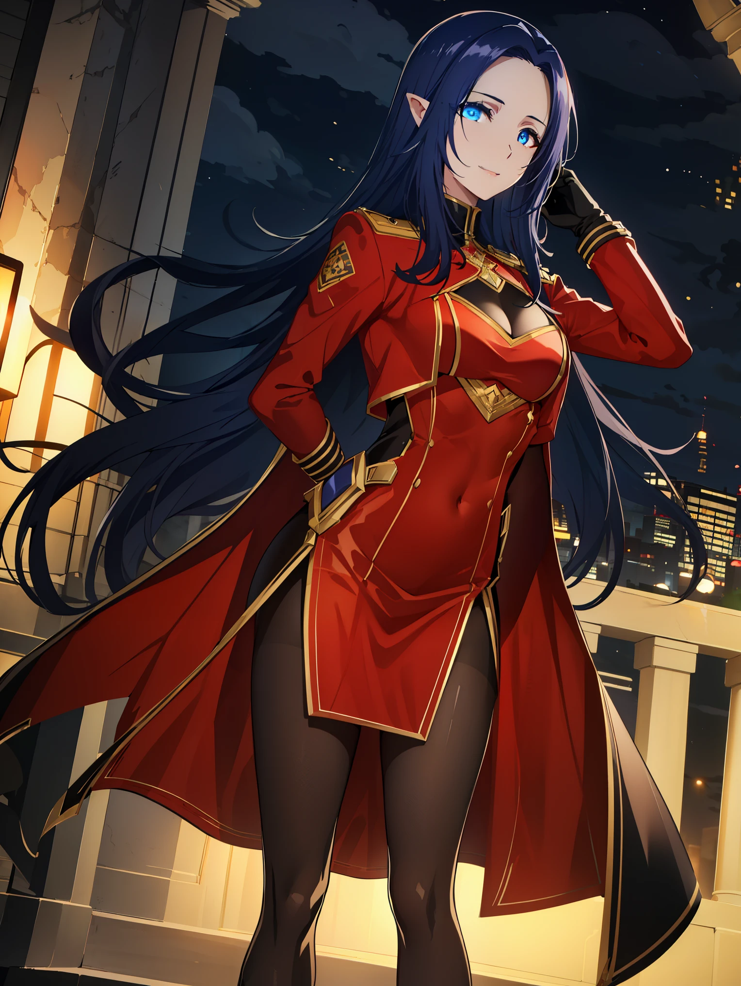 1girl, pointy ears,necklace,Gem,Dark Blue hair,Dark Blue Eyes, Bangs, 
BREAK (red uniform,red jacket,military_uniform,military,long_sleeves,red_cape,Black_shirt,pantyhose:1.2),
BREAK (Night:1.7), Japan, cyberpunk, CityView, Before Window, Standing at attention,arm behind back, expressive eyes,seductive smile, looking at viewer, NSFW,(Full_body),
BREAK (masterpiece:1.2), best quality, high resolution,NSW ,unity 8k wallpaper, (illustration:0.8), (beautiful detailed eyes:1.6), extremely detailed face, perfect lighting, extremely detailed CG, (perfect hands, perfect anatomy),