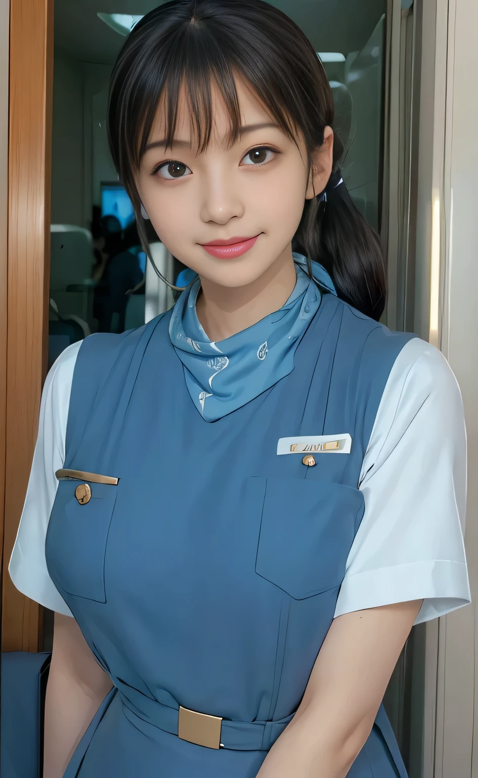 (masterpiece:1.2, Best Quality:1.2), 32kHDR,  high definition, (Alone、 1 girl)、（Rooftop of a building during the day、 Professional Lighting ）、Building rooftop background、（ Realistic Style Japan Air System Flight Attendant Uniform Blue ）、（（Japan Airlines System Flight Attendant Uniform Blue Jumper Skirt with Pockets and Buttons on Both Sides of Chest、 white short sleeve blouse  、 Light Blue Vest with Waist 、Scarf around the neck））、Dark brown hair、（Long Hair、Hair tied up、Hair tied up）、Dark brown hair、Long Hit、Big Breasts、Thin legs、（（Great hands：2.0）），（（ Harmonious Body Proportions ：1.5）），（（Normal limbs：2.0）），（（Usually refers to：2.0）），（（ Delicate Eyes ：2.0）），（（Normal eyes：2.0））)、smile、（Japan air system cabincrew uniform blueを見せた美しい立ち姿）、Hands crossed underneath 