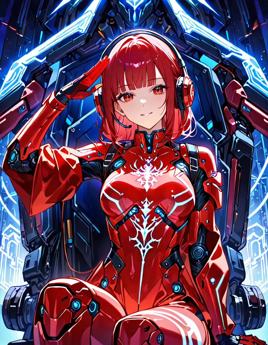 focus on upper body, sitting, salute, light smile, mech female, Bobbed hair, shiny red hair, blunt bangs, medium hair, futuristic exoskeleton, futuristic instrumentation, (red futuristic jumpsuit), (deboss processing decoration on body), (headphones gear), glowing red eyes, deep red trim on exoskeleton, Overcome the shining tattoo, glowing tattoo on all body, (masterpiece:1.2), (best quality:1.2), (very aesthetic:1.2), (absurdres:1.2), (detailed background), newest, safe, intricate, highly detailed skin, ethereal, glowing tattoo, neon, shadow