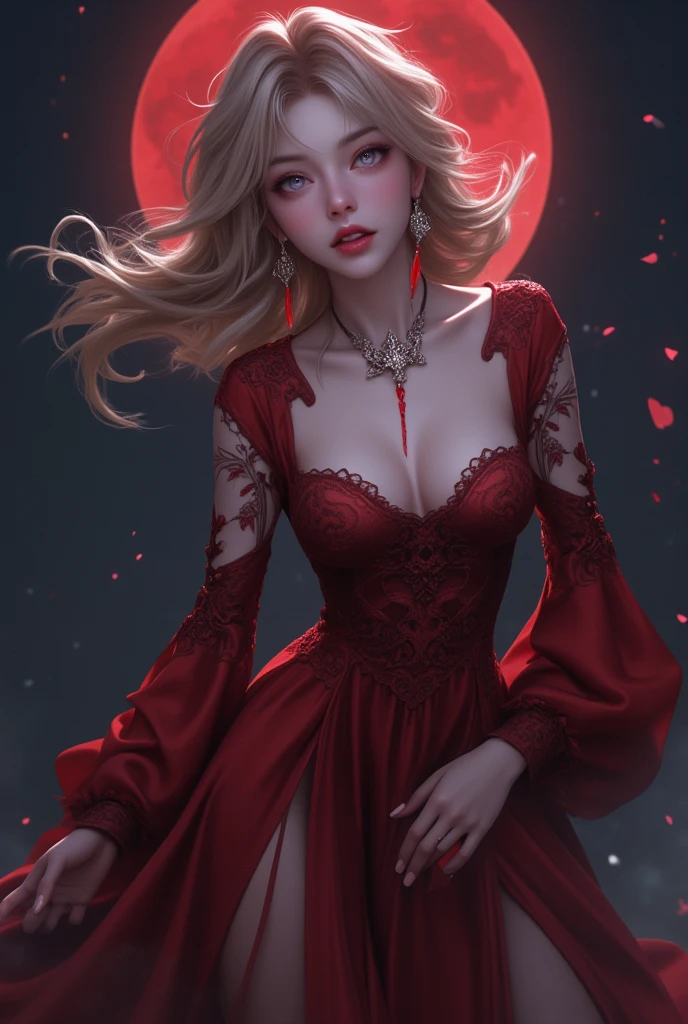 A sexy vampire in a red dress with a blood-stained face, staring at the viewer, full body, flowing blonde hair, menacing gaze and gleaming vampire fangs, blood staining her pale face, big, sharp nails ready to pounce, in a night cemetery, with intensely mesmerizing red eyes