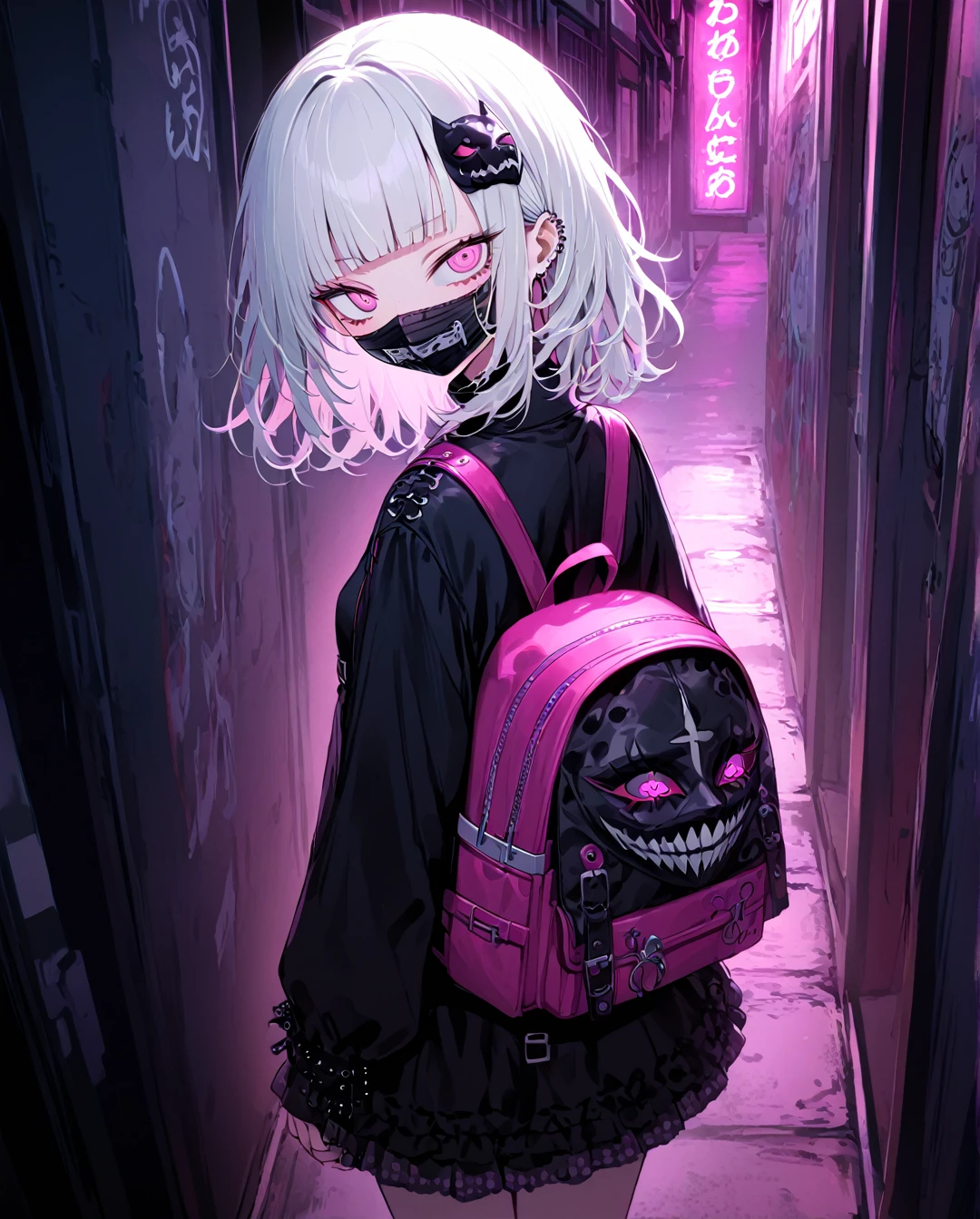 1girl,solo,full body,looking away,expressionless,looking away,goth punk fashion,masks,Mouth mask,white hair,middle hair,messy hair,Forehead,Blunt bangs,mesugaki,pink eyes,half-closed eyes,(crazy eyes),small breasts,hair ornament,pink backpack,bright colors,8 k,complex details,maximum quality,Dull dark graffiti outline,beautiful skin,Walking in Harajuku,(during night),Neon light,neme:yuka