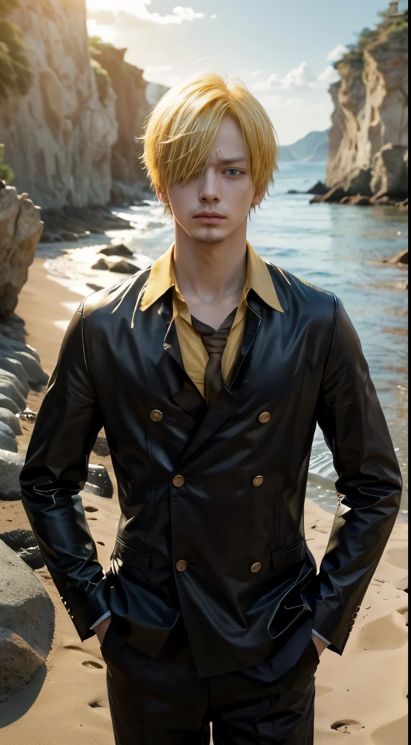 1 man, Sanji do anime One Piece, short hair , yellow hair, black eye, good-looking , black clothes, realistic clothes, details of clothes, seabed, super detailed, realistic, carving texture, detailed skin