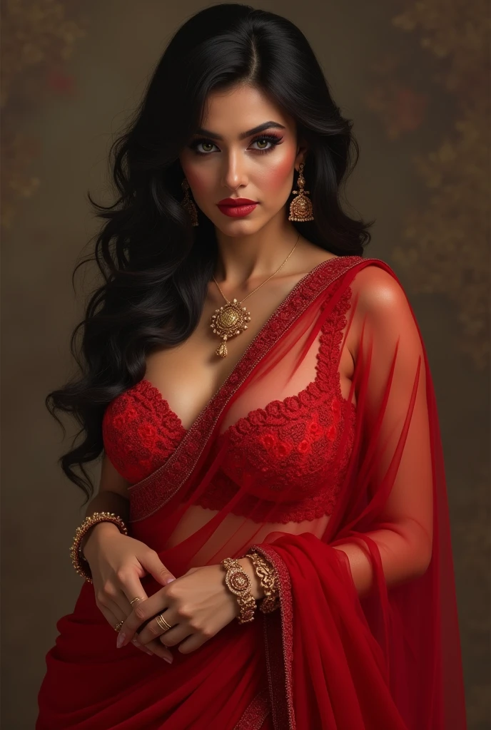 An Indian women with red bra and transparent saree. Women has big  and cup red bra
