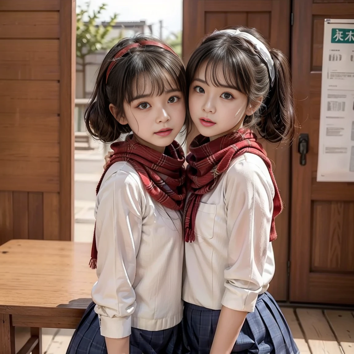  Japanese Women、girl、Red scarf、 navy blue sailor suit、 white 3-line sailor suit、Short sailor suit、 short pleated skirt with cross arms、 navy blue skirt、white 3-line skirt 、Flip-up skirt、 cute、With bangs、 twin tails、 white headband 、 cute顔、 beautiful face、Satisfied face、The eyes are double、Big eyes、Eyes are drooping、Drooping eye corners、Long eyelashes、Eyelashes are bristly、Open your mouth、 Very Angry 、
