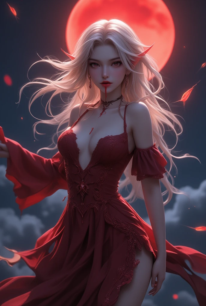 Create a spellbinding digital artwork depicting a mesmerizing woman exuding ethereal beauty beneath the bewitching glow of a blood moon on Halloween night.